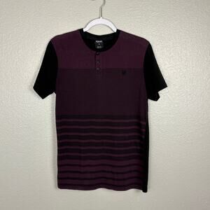 Zooyork Size Medium Purple and Black Striped Henley Neck Mens Short Sleeve Shirt